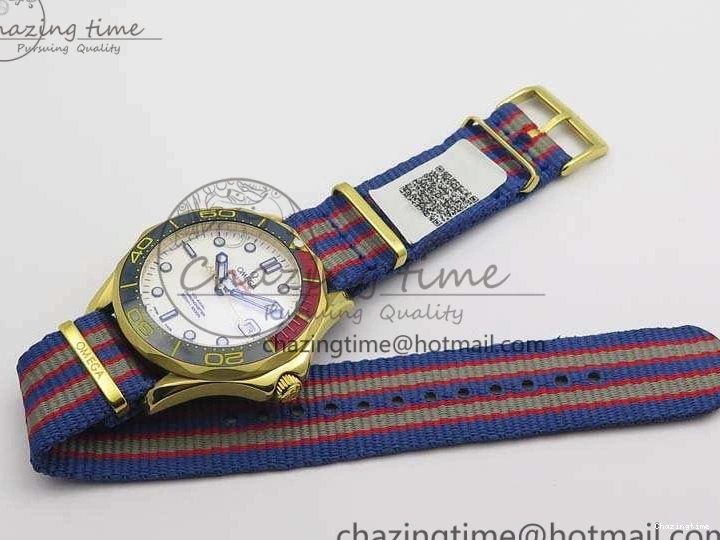 0417 Modern Seamaster 300M 007 YG URF 1:1 Best Edition White Dial Ceramic Bezel On Nylon Strap A 8115